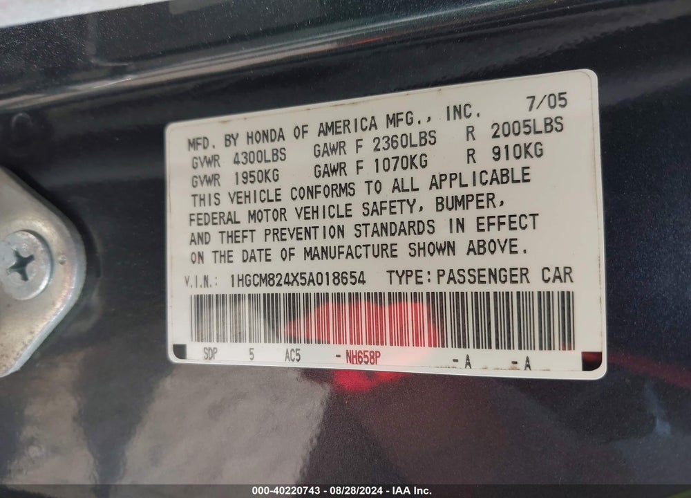 2005 HONDA ACCORD VIN: 1HGCM824X5A018654
