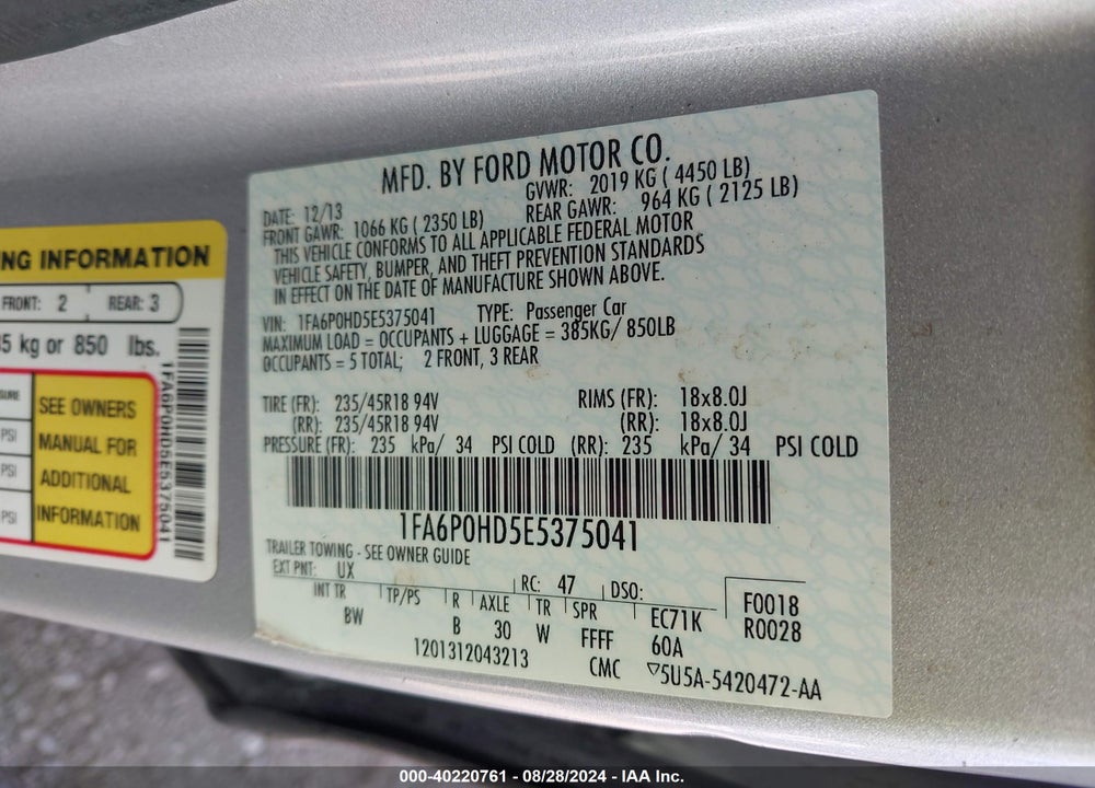 2014 FORD FUSION SE VIN: 1FA6P0HD5E5375041