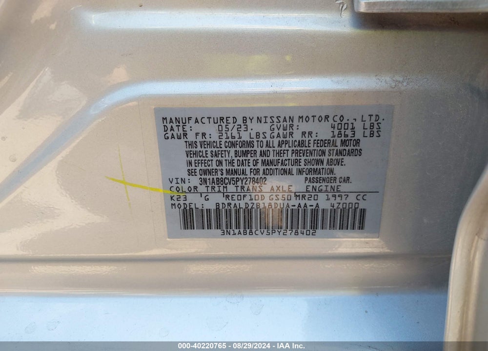 2023 NISSAN SENTRA SV XTRONIC CVT VIN: 3N1AB8CV5PY278402