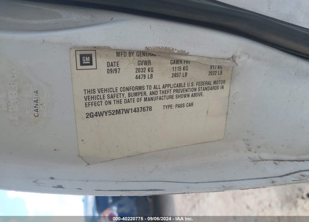 1998 BUICK CENTURY LIMITED VIN: 2G4WY52M7W1437678