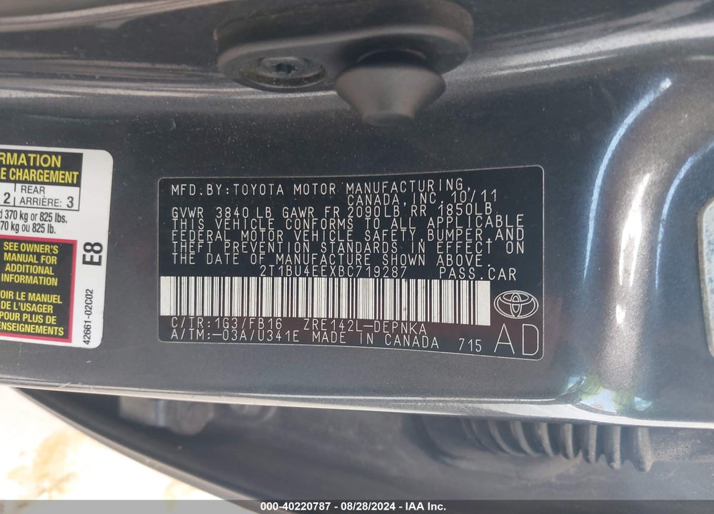 2011 TOYOTA COROLLA LE VIN: 2T1BU4EEXBC719287