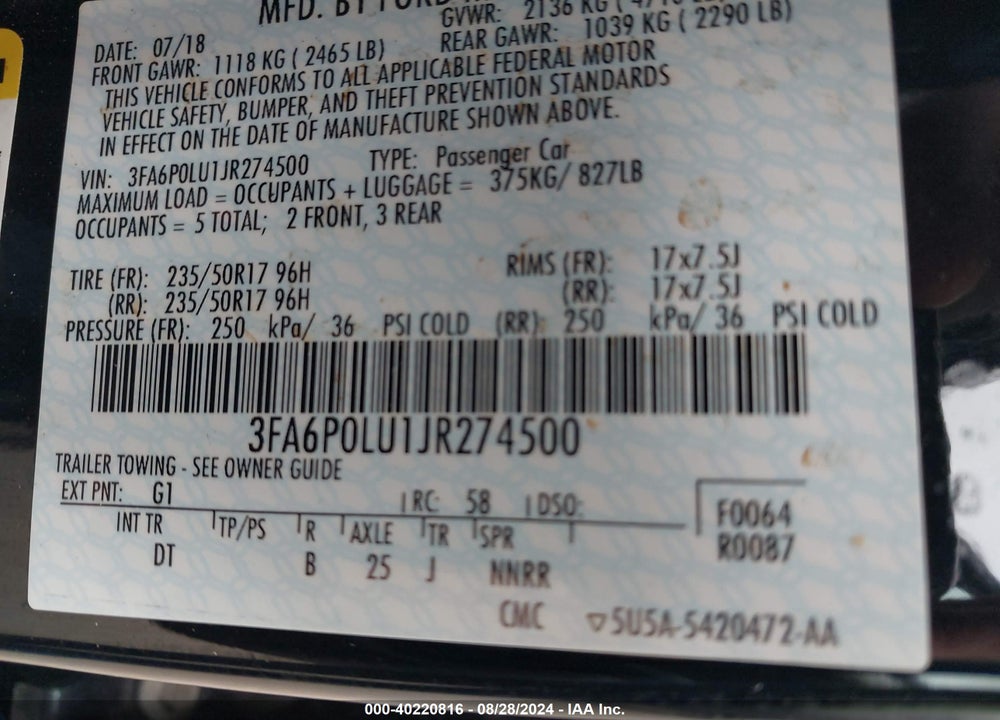 2018 FORD FUSION HYBRID SE VIN: 3FA6P0LU1JR274500