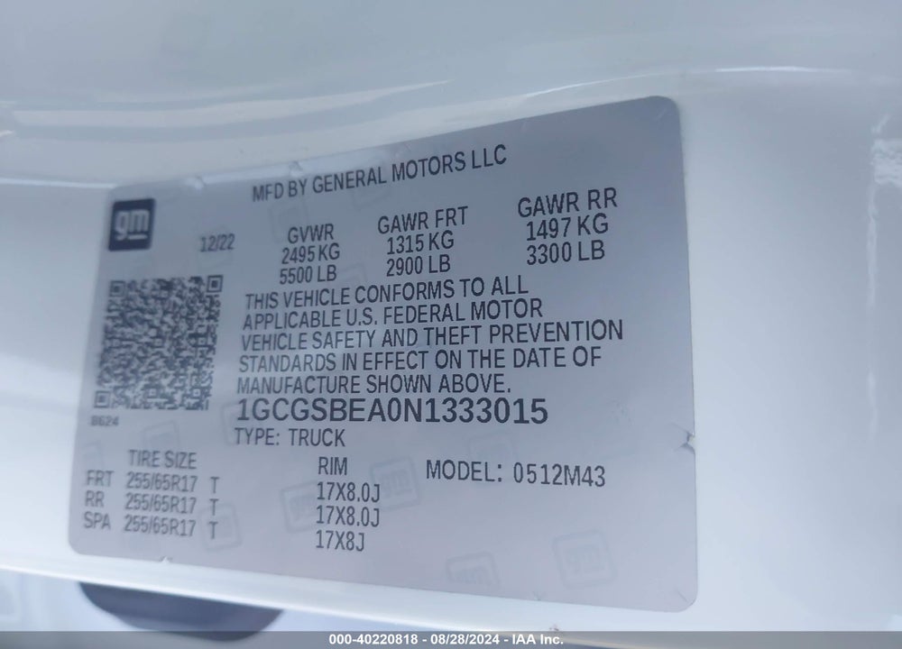 2022 CHEVROLET COLORADO 2WD SHORT BOX WT VIN: 1GCGSBEA0N1333015