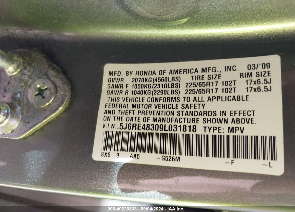 2009 HONDA CR-V VIN: 5J6RE48309L031818