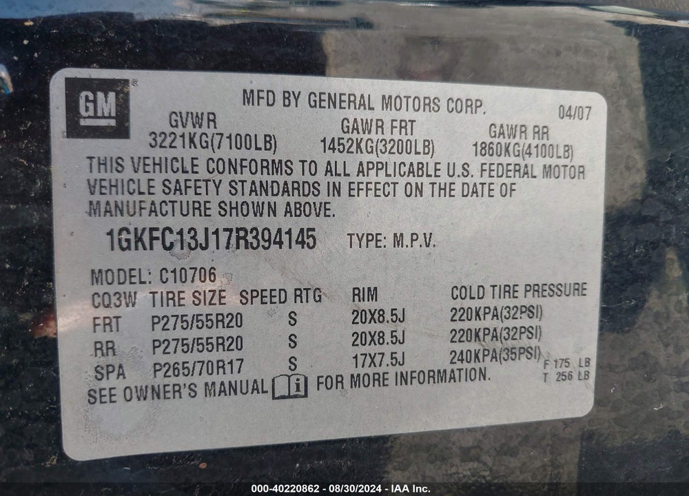 2007 GMC YUKON SLT VIN: 1GKFC13J17R394145