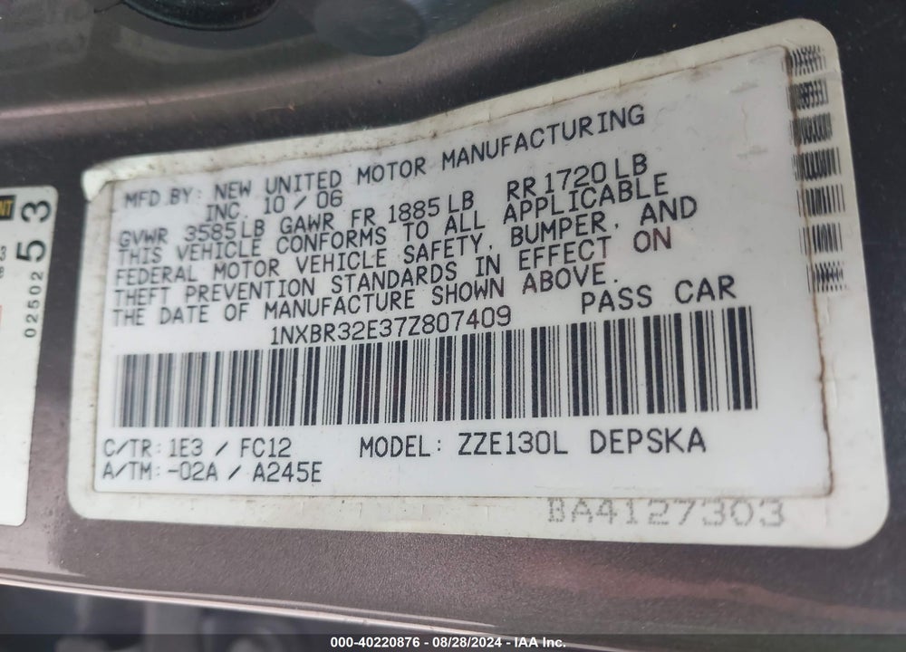 2007 TOYOTA COROLLA S VIN: 1NXBR32E37Z807409