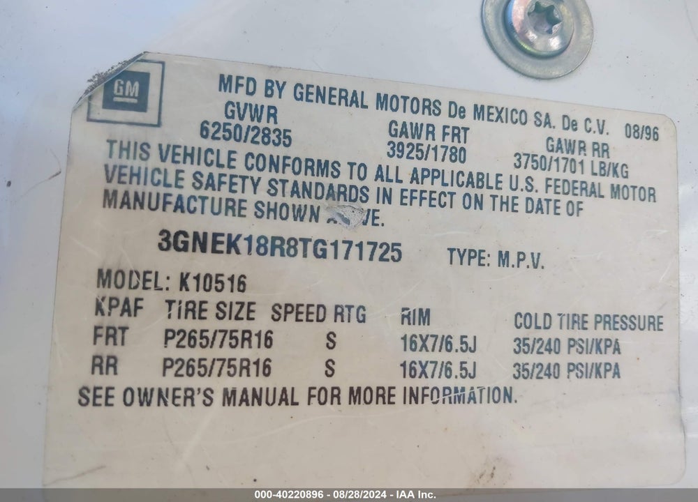 1996 CHEVROLET TAHOE K1500 VIN: 3GNEK18R8TG171725