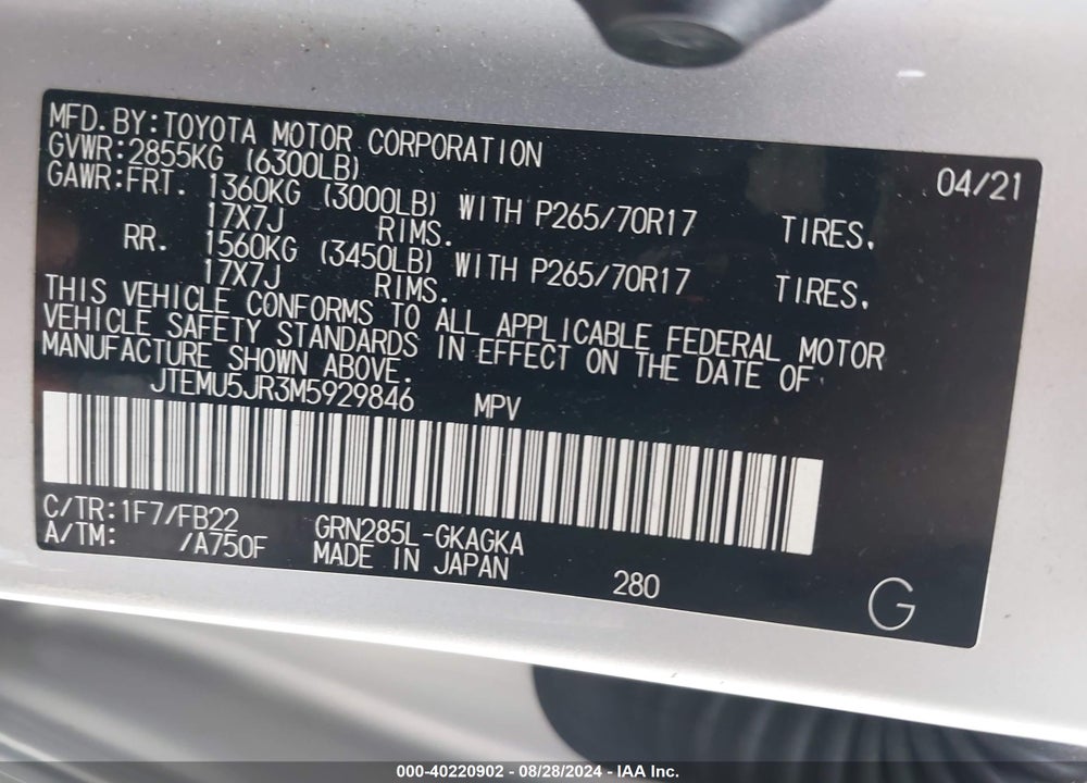 2021 TOYOTA 4RUNNER SR5 VIN: JTEMU5JR3M5929846