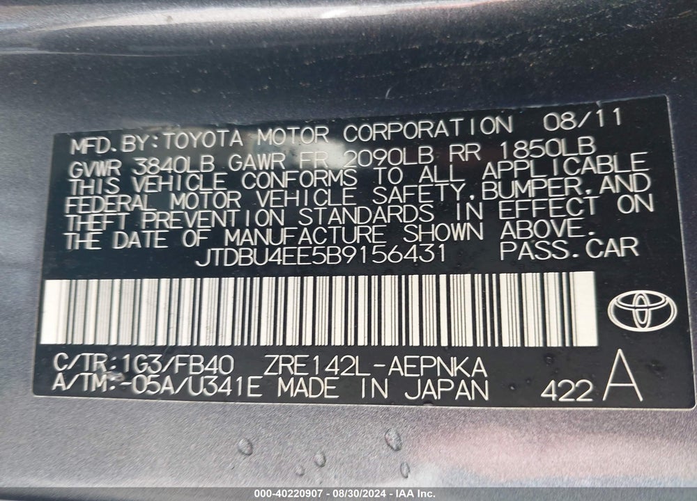 2011 TOYOTA COROLLA LE VIN: JTDBU4EE5B9156431