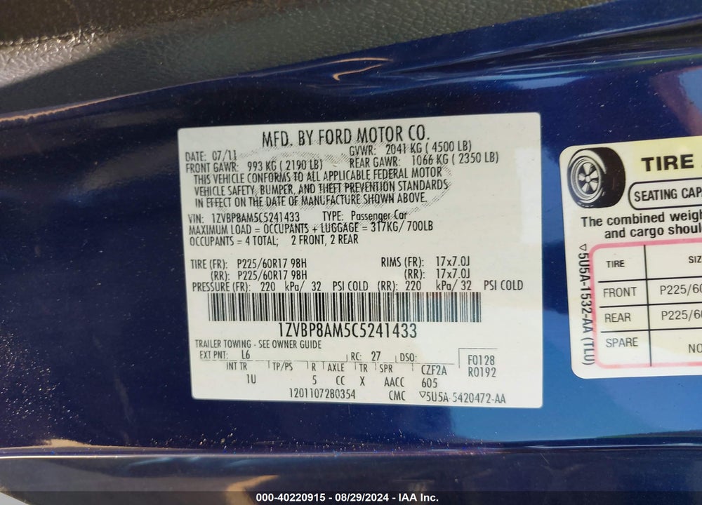 2012 FORD MUSTANG V6 VIN: 1ZVBP8AM5C5241433