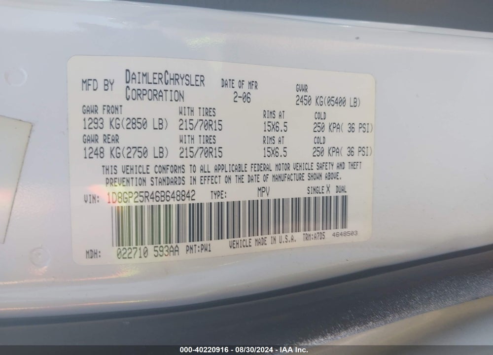 2006 DODGE CARAVAN SE VIN: 1D8GP25R46B648842