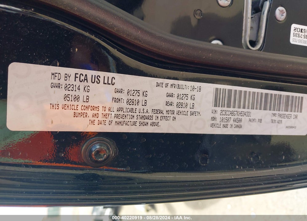 2019 CHRYSLER 300 300S VIN: 2C3CCABG7KH534331