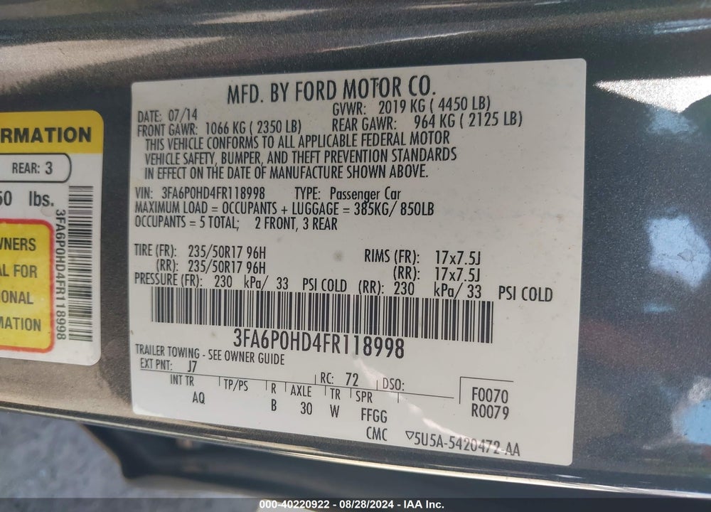 2015 FORD FUSION SE VIN: 3FA6P0HD4FR118998