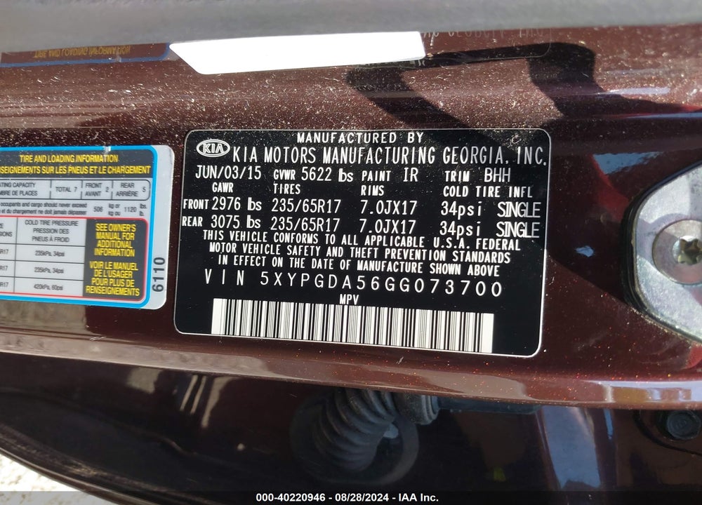2016 KIA SORENTO 3.3L LX VIN: 5XYPGDA56GG073700