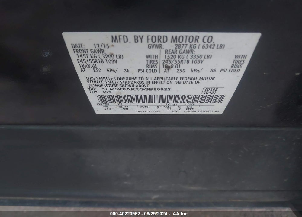 2016 FORD UTILITY POLICE INTERCEPTOR VIN: 1FM5K8ARXGGB80922