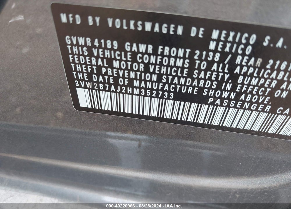 2017 VOLKSWAGEN JETTA 1.4T S VIN: 3VW2B7AJ2HM352733