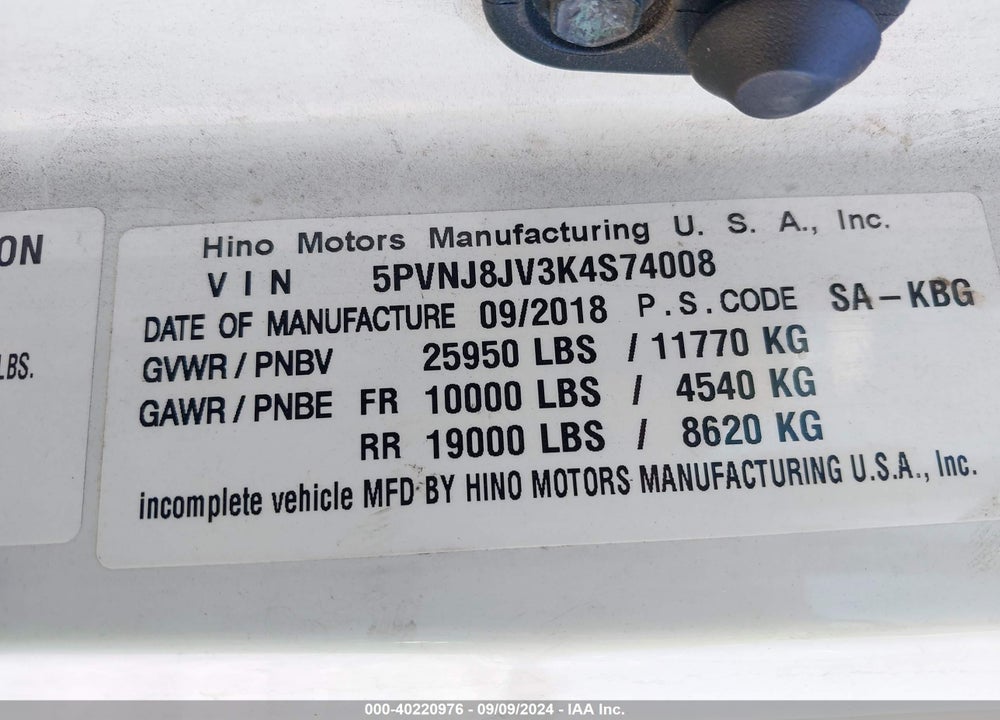 2019 HINO 258/268 VIN: 5PVNJ8JV3K4S74008