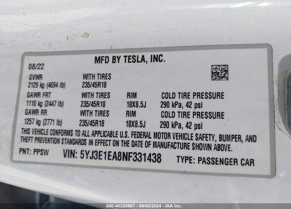 2022 TESLA MODEL 3 REAR-WHEEL DRIVE VIN: 5YJ3E1EA8NF331438