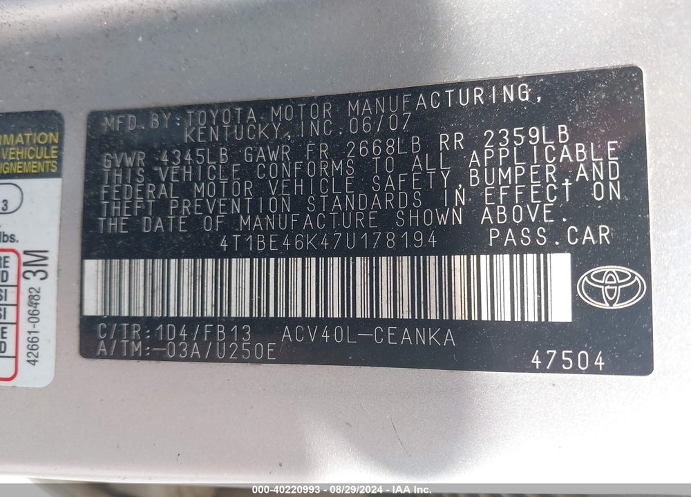 2007 TOYOTA CAMRY LE VIN: 4T1BE46K47U178194