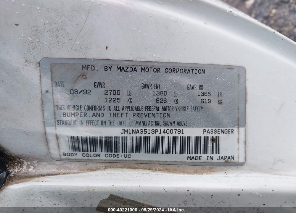 1993 MAZDA MX-5 MIATA VIN: JM1NA3513P1400791