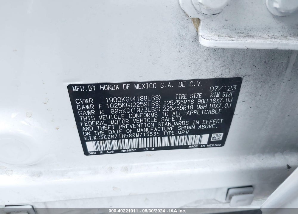 2024 HONDA HR-V 2WD SPORT/2WD SPORT W/O BSI VIN: 3CZRZ1H58RM715535
