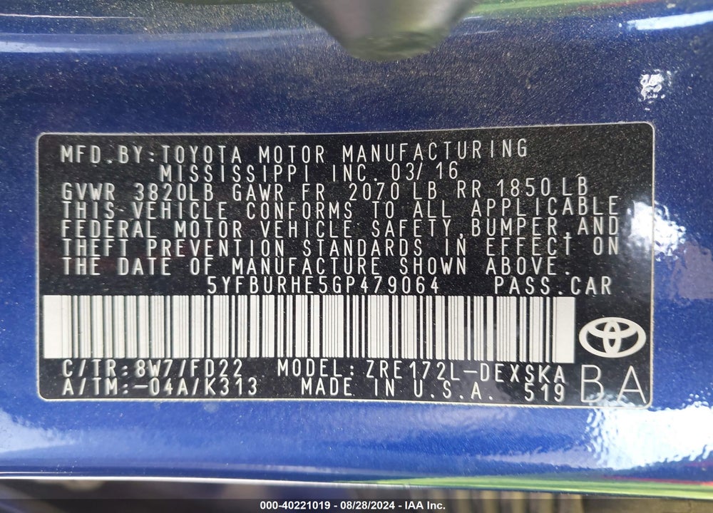 2016 TOYOTA COROLLA S PLUS VIN: 5YFBURHE5GP479064