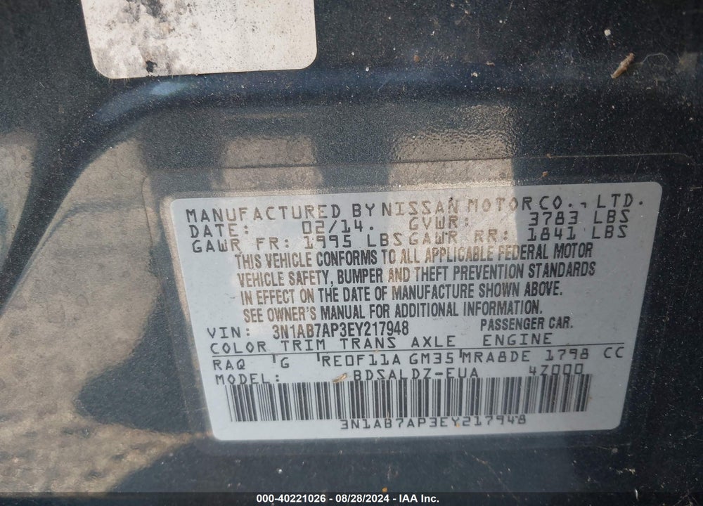 2014 NISSAN SENTRA FE+ S/FE+ SV/S/SL/SR/SV VIN: 3N1AB7AP3EY217948