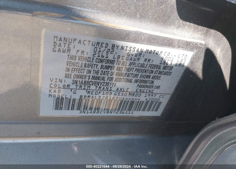 2022 NISSAN SENTRA SV XTRONIC CVT VIN: 3N1AB8CV8NY236111
