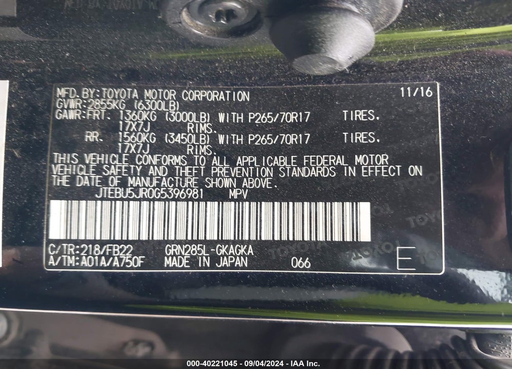 2016 TOYOTA 4RUNNER SR5 VIN: JTEBU5JR0G5396981
