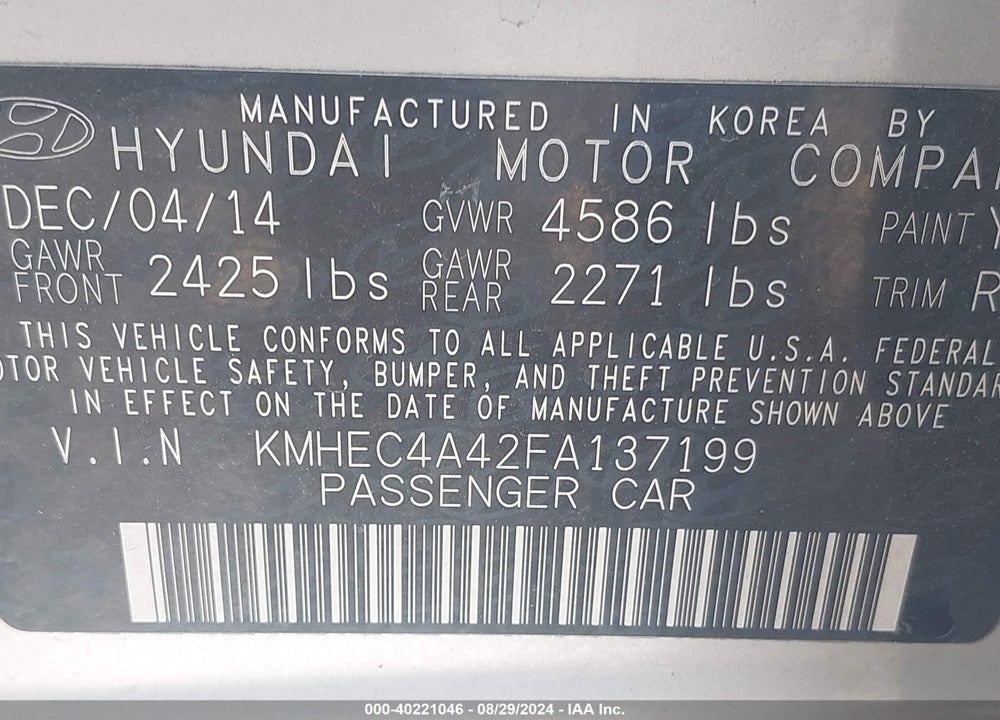 2015 HYUNDAI SONATA HYBRID VIN: KMHEC4A42FA137199