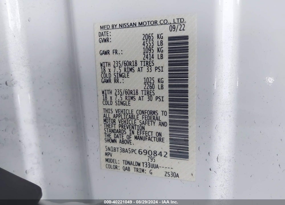 2023 NISSAN ROGUE SV FWD VIN: 5N1BT3BA5PC690842
