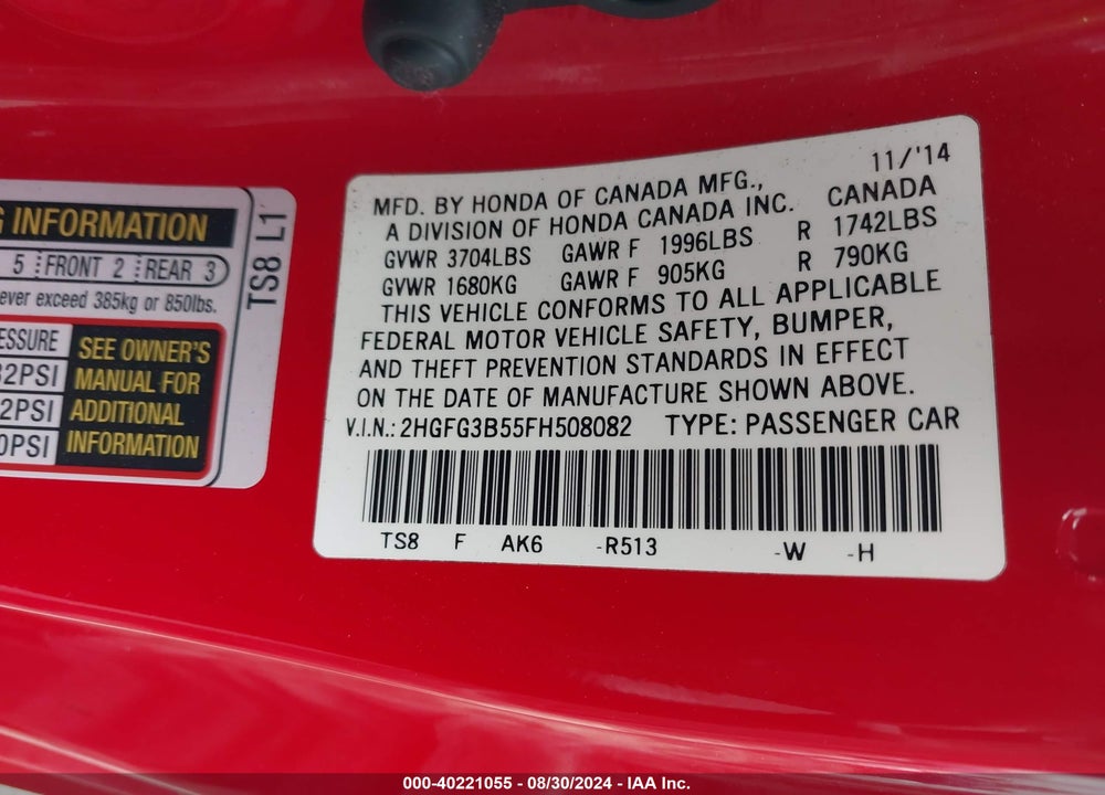 2015 HONDA CIVIC LX VIN: 2HGFG3B55FH508082