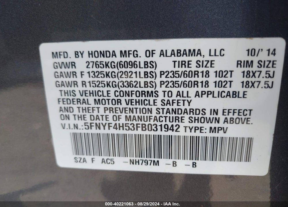 2015 HONDA PILOT EX-L VIN: 5FNYF4H53FB031942
