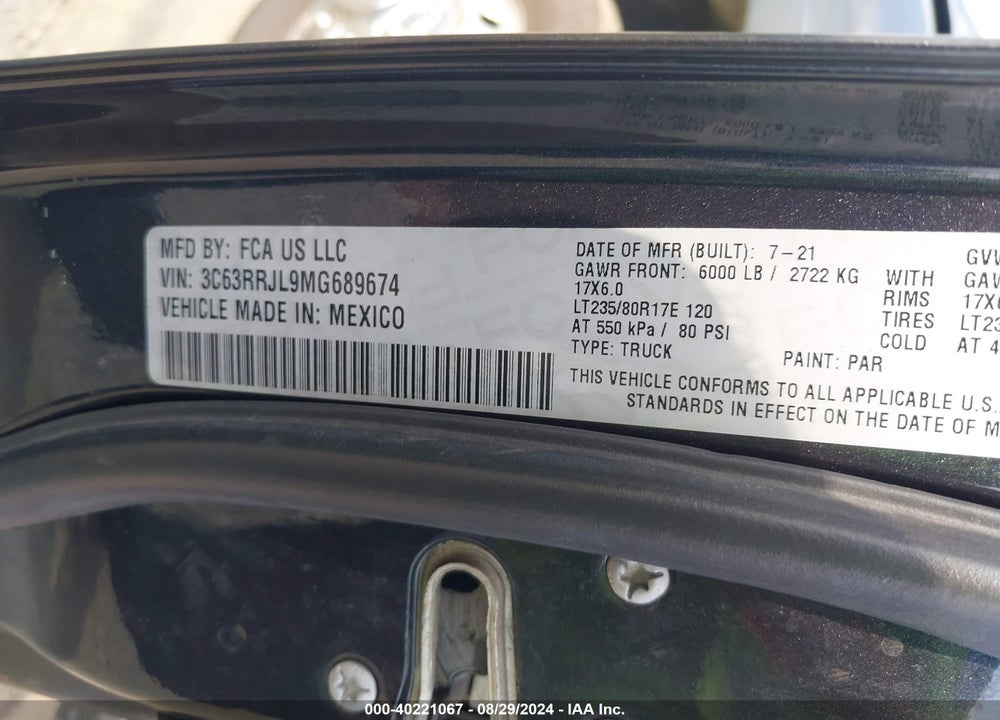 2021 RAM 3500 LAIE  4X4 8' BOX VIN: 3C63RRJL9MG689674