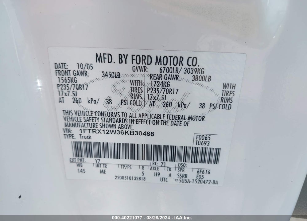 2006 FORD F-150 STX/XL/XLT VIN: 1FTRX12W36KB30488