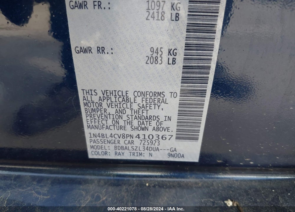 2023 NISSAN ALTIMA SR FWD VIN: 1N4BL4CV8PN410367