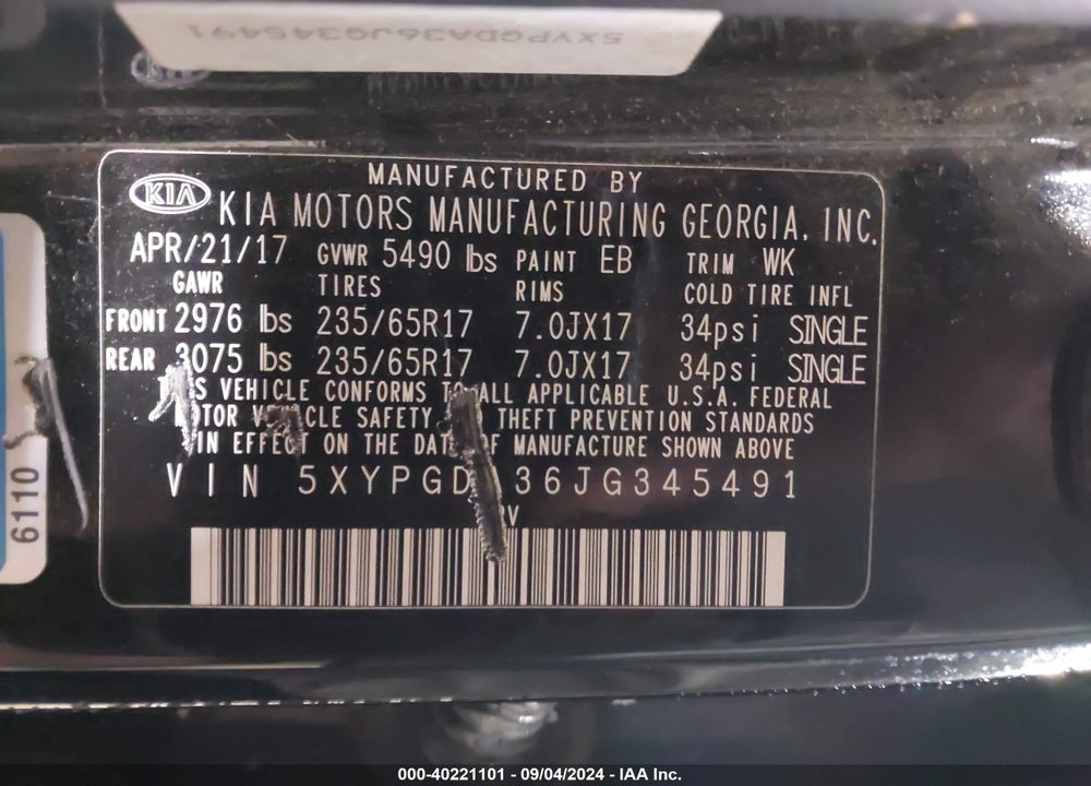 2018 KIA SORENTO 2.4L LX VIN: 5XYPGDA36JG345491