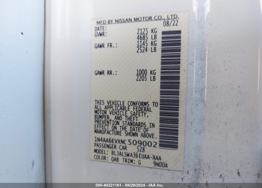 2022 NISSAN MAXIMA SR XTRONIC CVT VIN: 1N4AA6EVXNC509002
