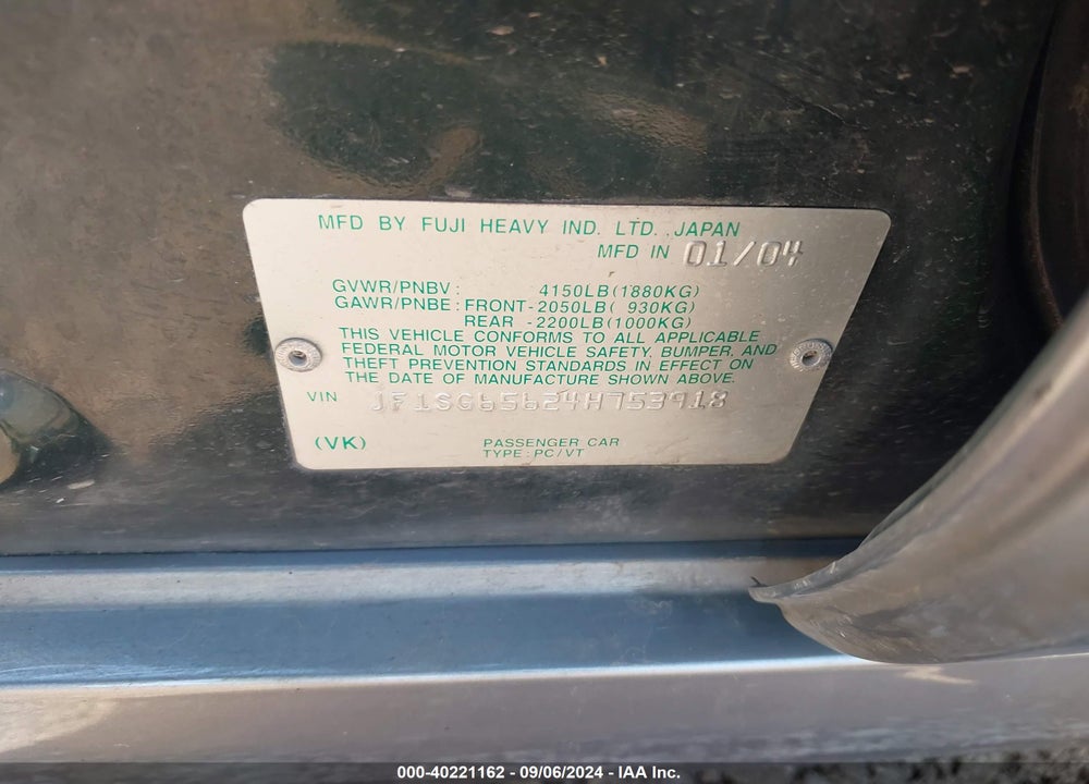 2004 SUBARU FORESTER 2.5XS VIN: JF1SG65624H753918