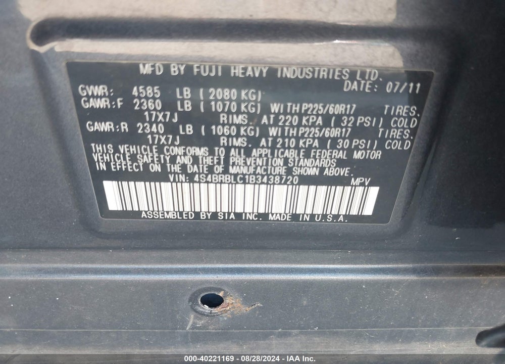2011 SUBARU OUTBACK 2.5I LIMITED VIN: 4S4BRBLC1B3438720