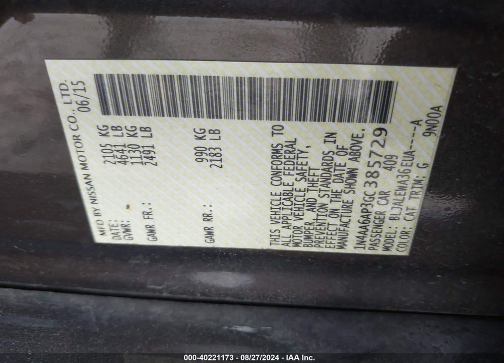 2016 NISSAN MAXIMA 3.5 SL VIN: 1N4AA6AP3GC385729