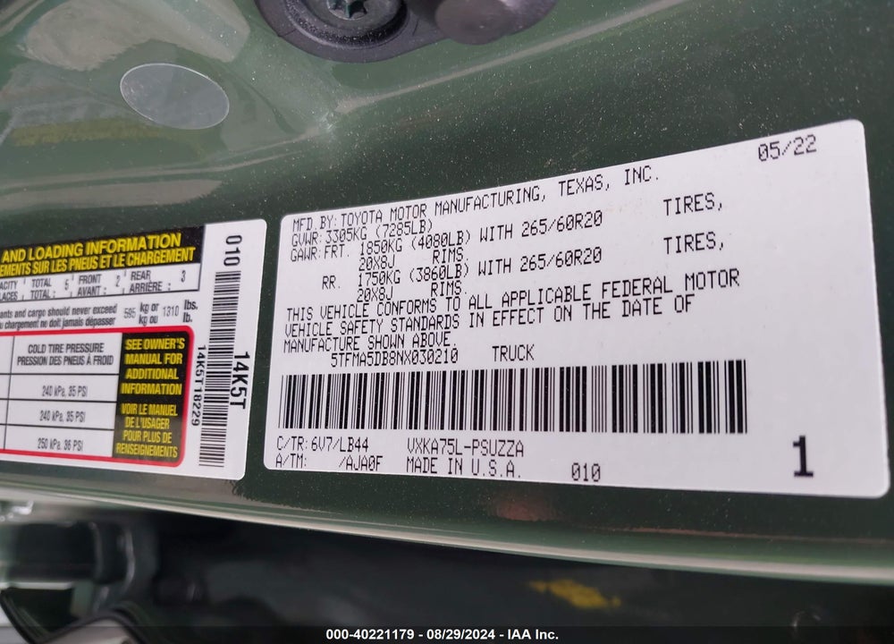 2022 TOYOTA TUNDRA 1794 EDITION VIN: 5TFMA5DB8NX030210