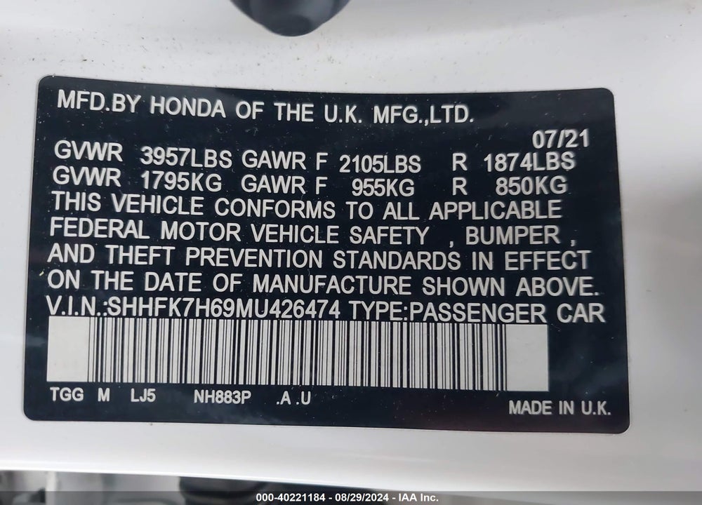 2021 HONDA CIVIC EX VIN: SHHFK7H69MU426474