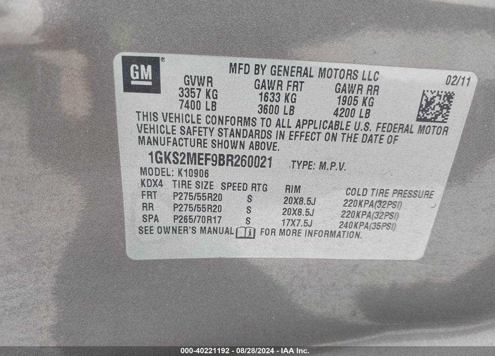 2011 GMC YUKON XL 1500 DENALI VIN: 1GKS2MEF9BR260021