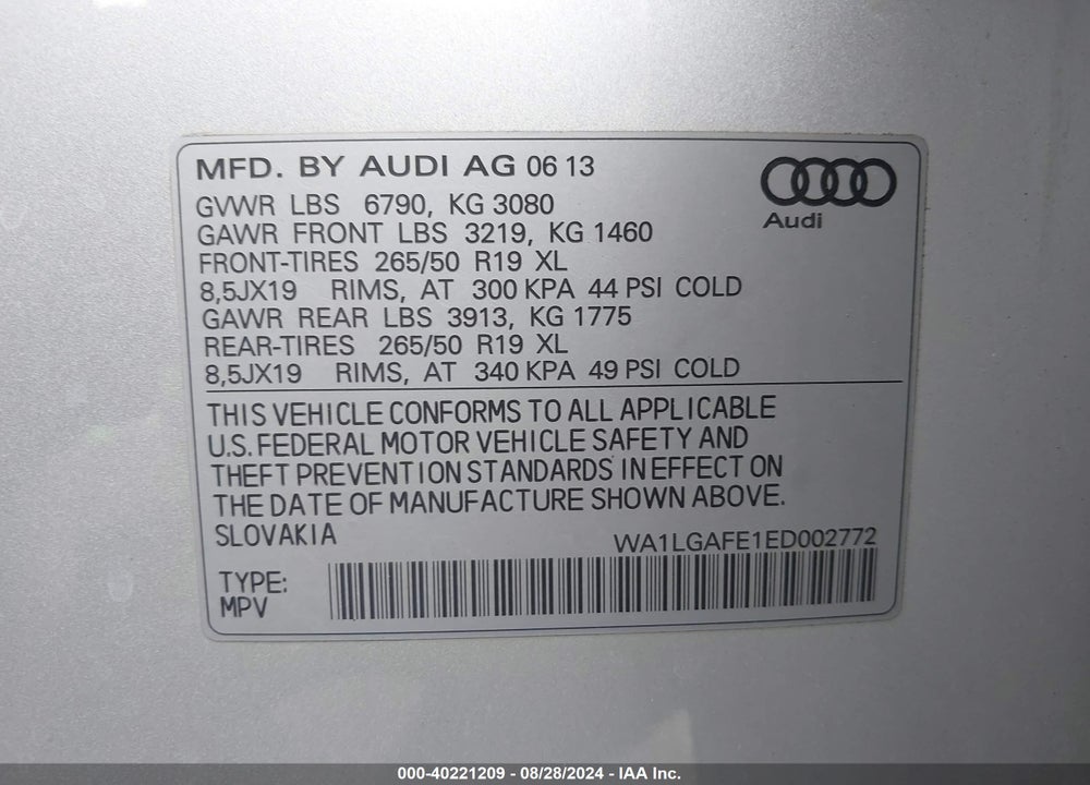 2014 AUDI Q7 3.0T PREMIUM VIN: WA1LGAFE1ED002772