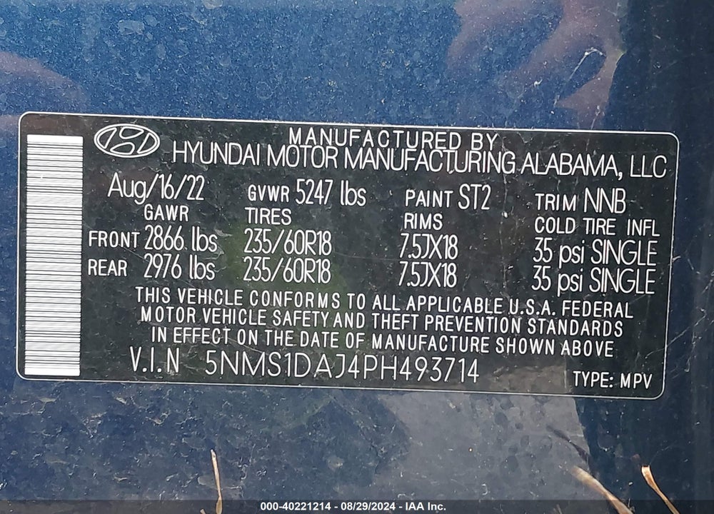 2023 HYUNDAI SANTA FE SE VIN: 5NMS1DAJ4PH493714