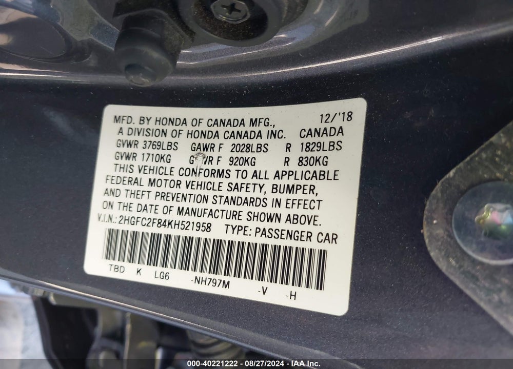 2019 HONDA CIVIC SPORT VIN: 2HGFC2F84KH521958