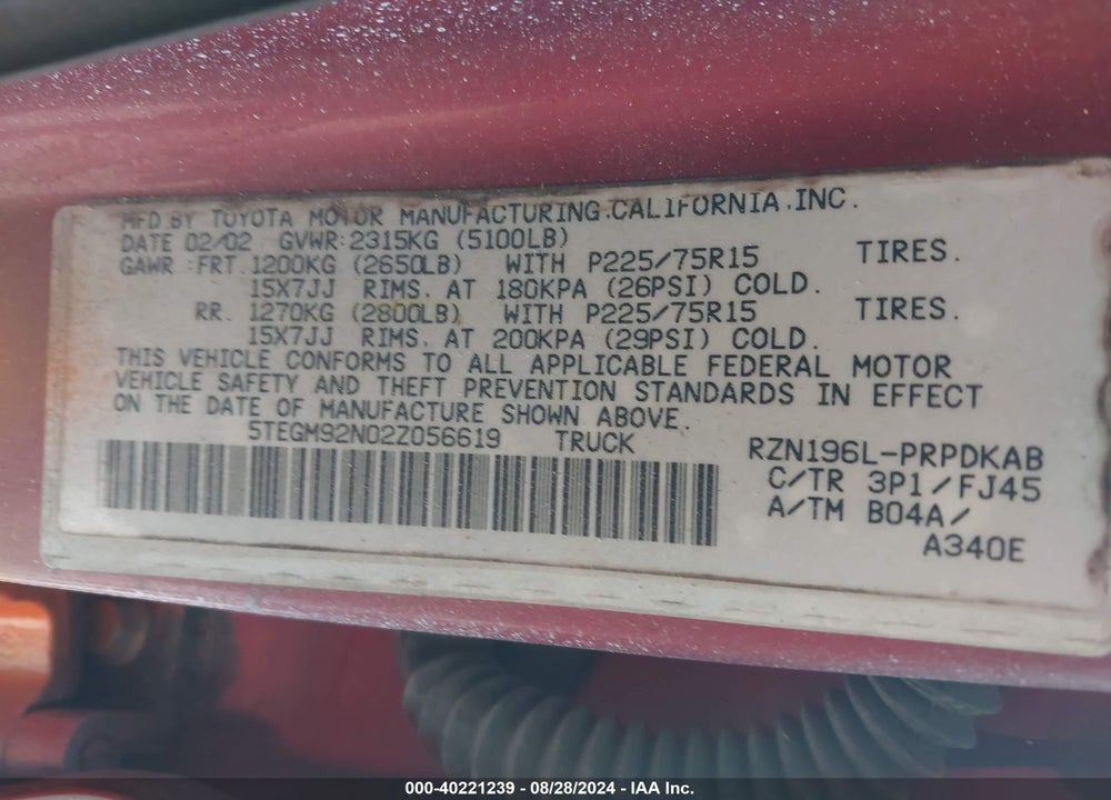 2002 TOYOTA TACOMA PRERUNNER VIN: 5TEGM92N02Z056619