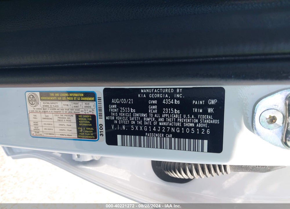2022 KIA K5 LXS VIN: 5XXG14J27NG105126