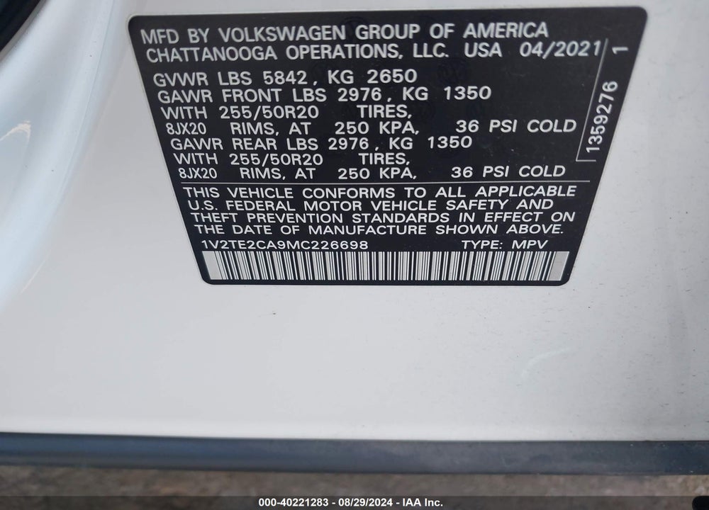 2021 VOLKSWAGEN ATLAS CROSS SPORT 3.6L V6 SEL PREMIUM VIN: 1V2TE2CA9MC226698